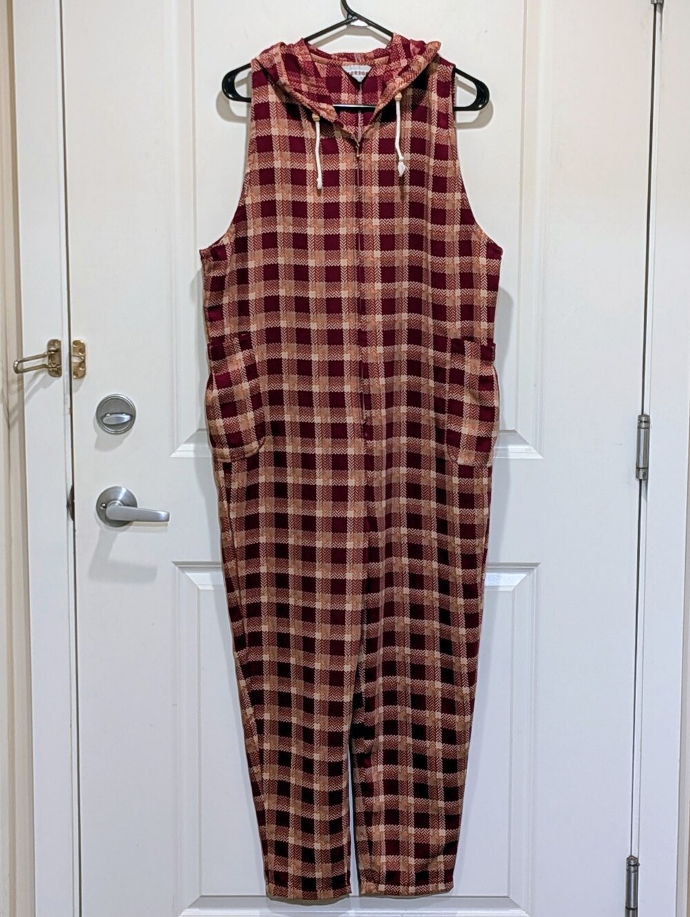 EUC 60s McGregor L Women's Herringbone Plaid Red and Gold Zip Front Jumpsuit